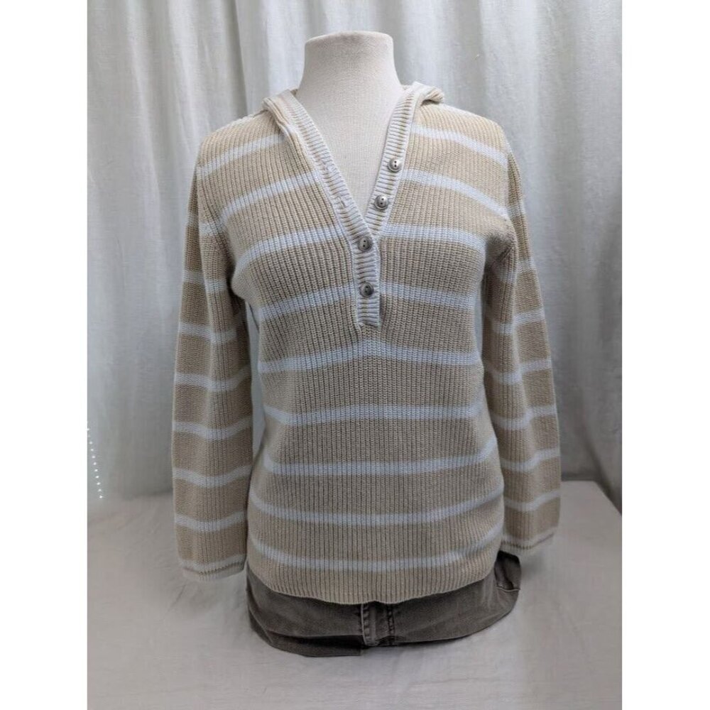 Chico's women's small tan and white striped hooded knit sweater, 100% cotton SW9